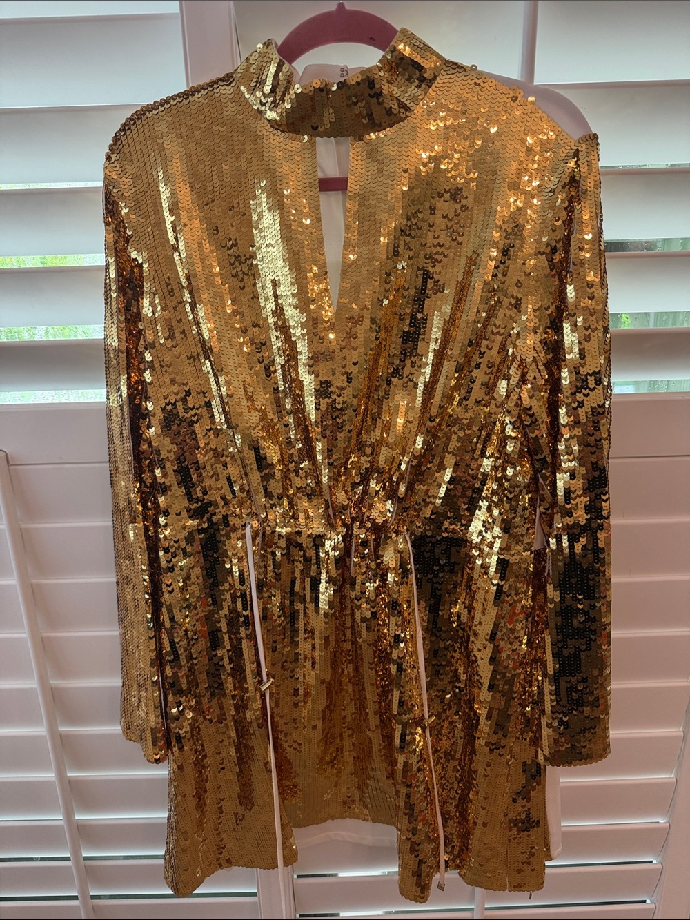 Tibi Gold Sequin Long-Sleeve Keyhole Dress NWT